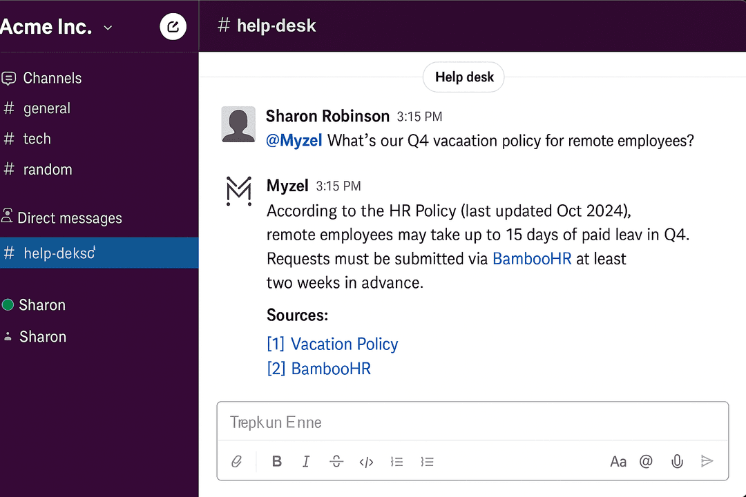 Stylized representation of a question being processed by Myzel's AI within a chat interface.